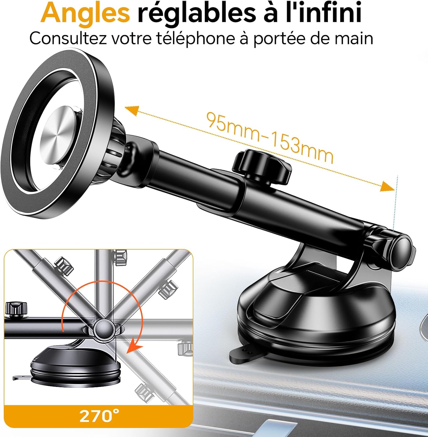 Thumbnail 2 de Coolpow Support Téléphone Voiture Magnétique avec bras télescopique 360° (aimant MagSafe, ventouse gel)