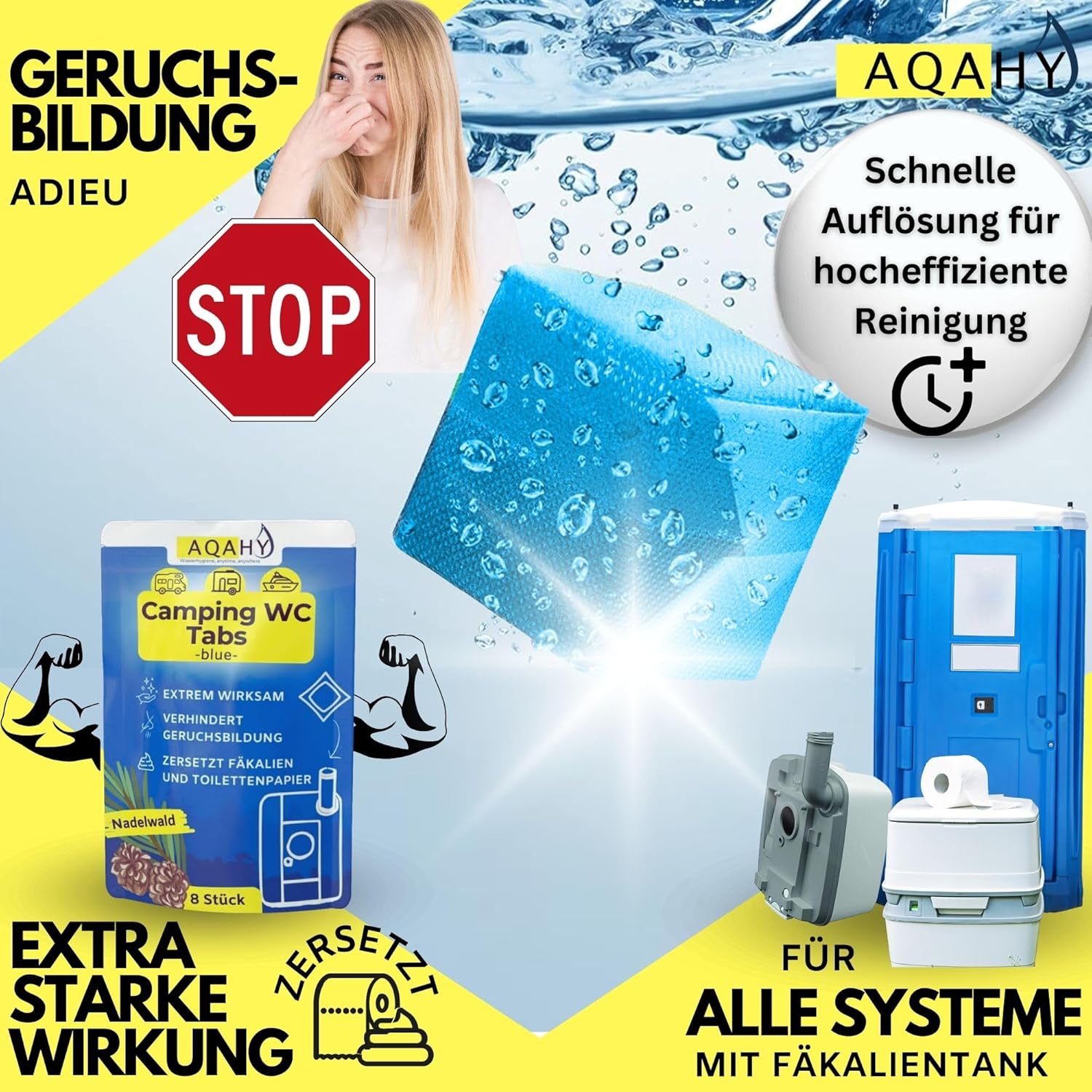 Thumbnail 1 de AQAHY Camping-Toiletten-Zusatz Tabs „blue extra stark“ (Nadelwald WC Drops) – geruchsbindend für die Chemietoilette