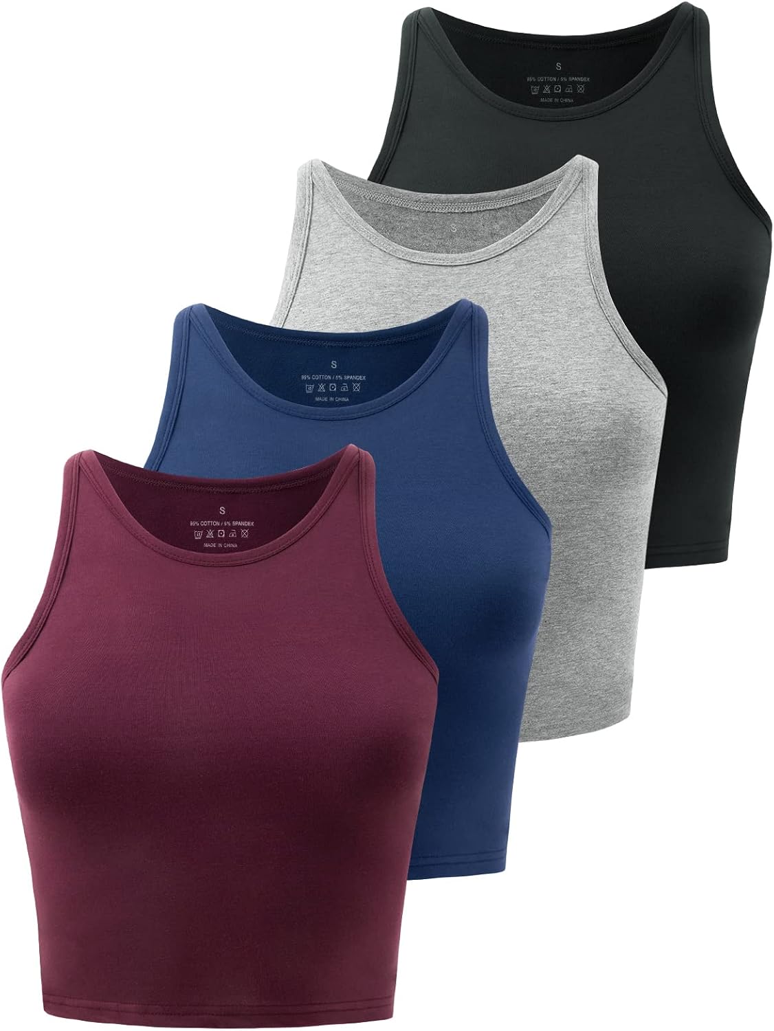 Detalle de Kole Meego 4-Pack High Neck Cotton & Spandex Crop Tops for Women (Workout Tank/Camisole)