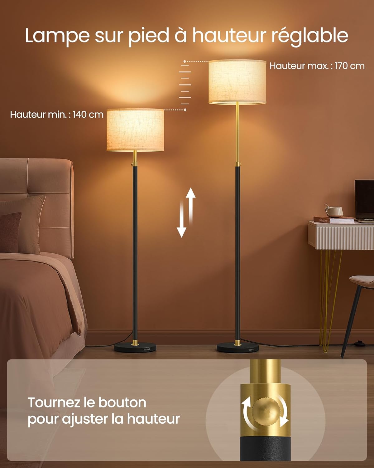 Detalle de VASAGLE Lampadaire LFL002B02 – Lampe sur pied ajustable 140–170 cm, doré et noir