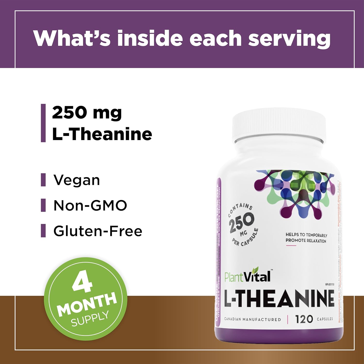 Detalle de PlantVital L-Theanine Capsules, 250 mg, 120 Count, Made in Canada