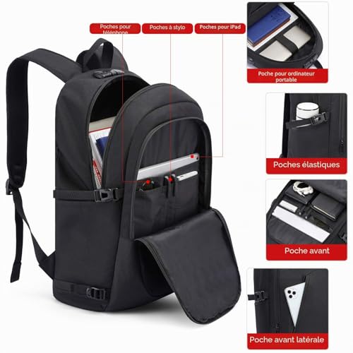 Detalle de Sac à Dos Ordinateur Portable 17 Pouces WENIG – Antivol, Étanche, Grand 35L avec Charge USB