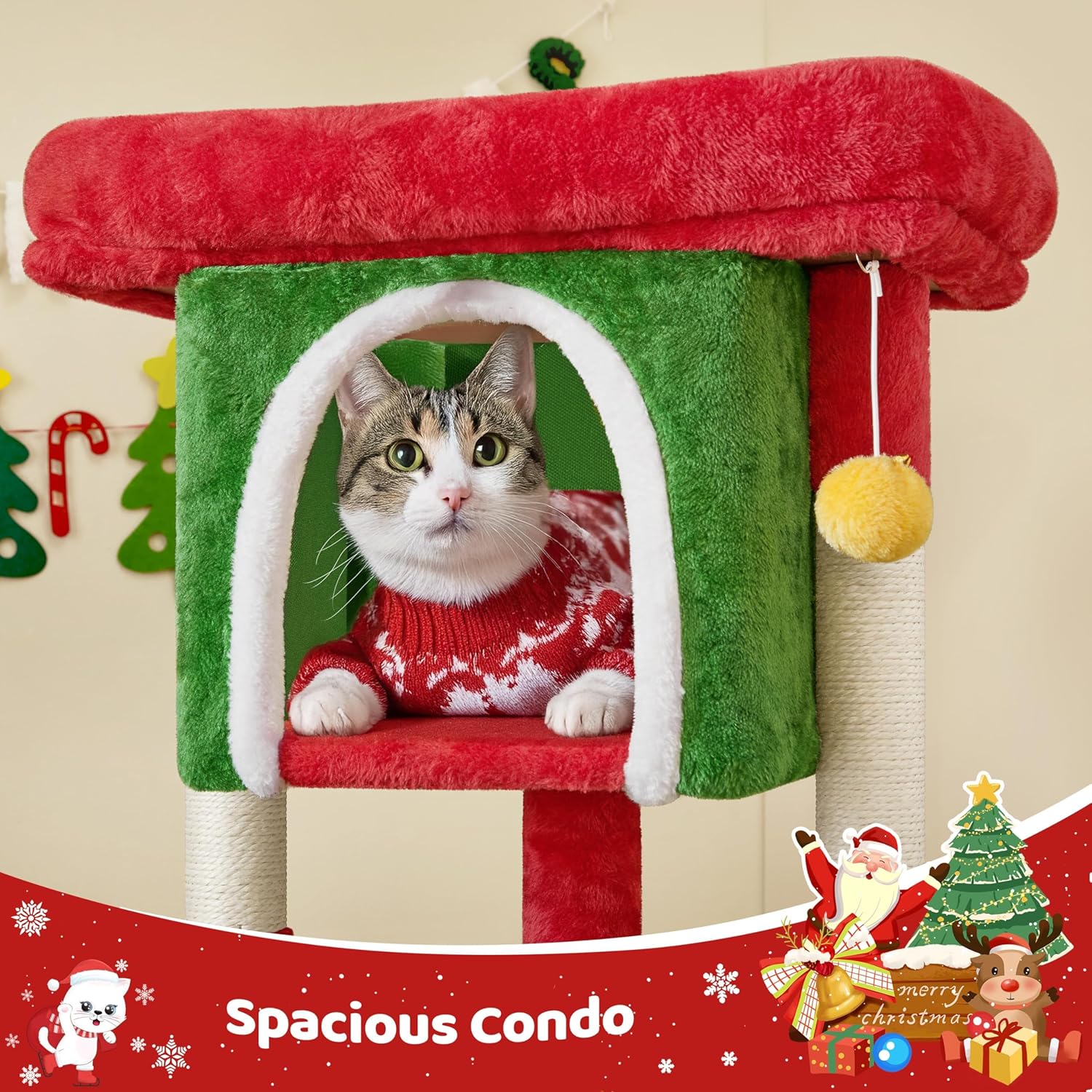 Thumbnail 4 de Yaheetech Christmas Themed Cat Tree Tower for Kittens (Red/Green) with Scratch Post, Plush Condo & Dangling Ball