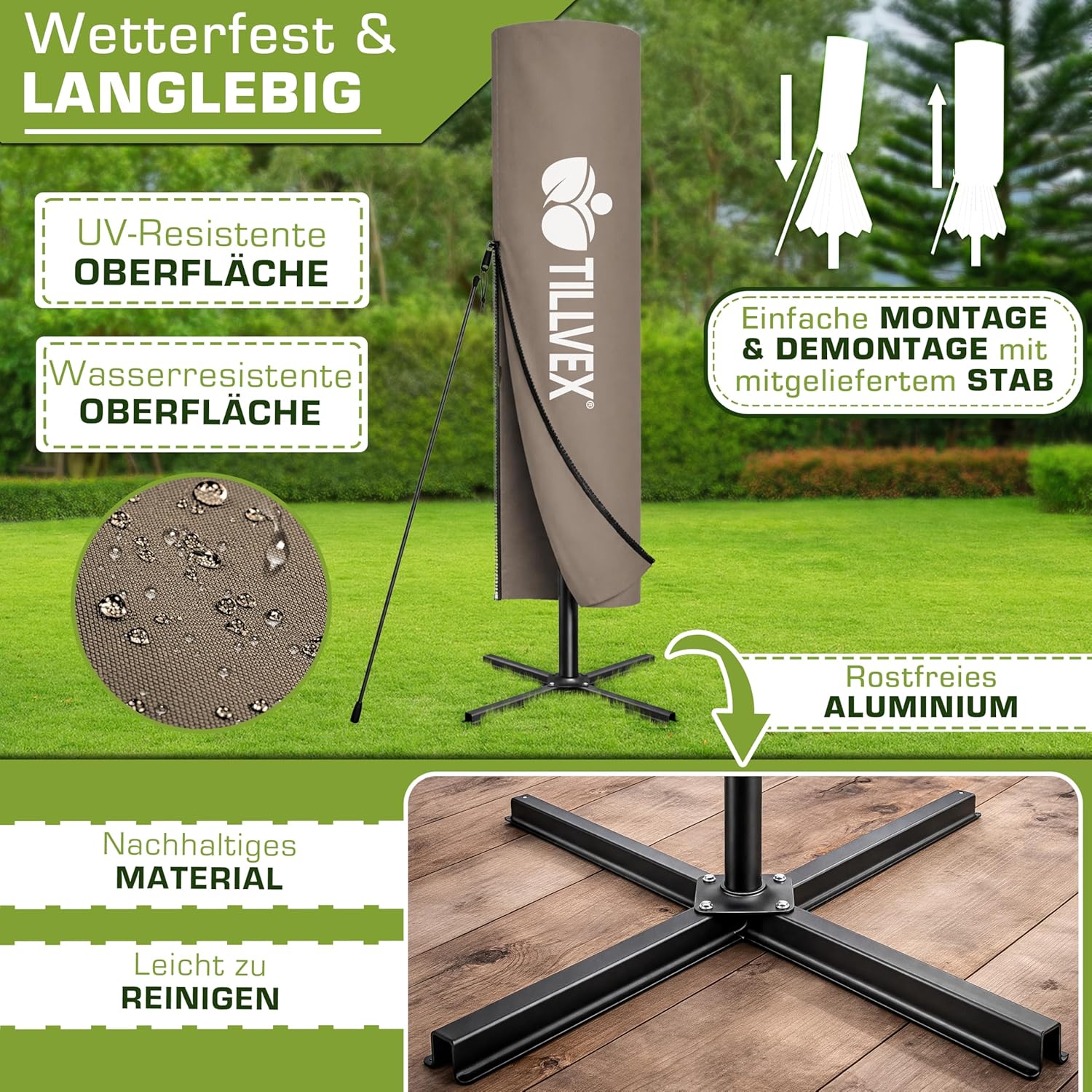 Thumbnail 3 de tillvex Alu Ampelschirm + Abdeckung LED Solar Ø 300 cm mit Kurbel – UV-Schutz, Windschutz und Beleuchtung