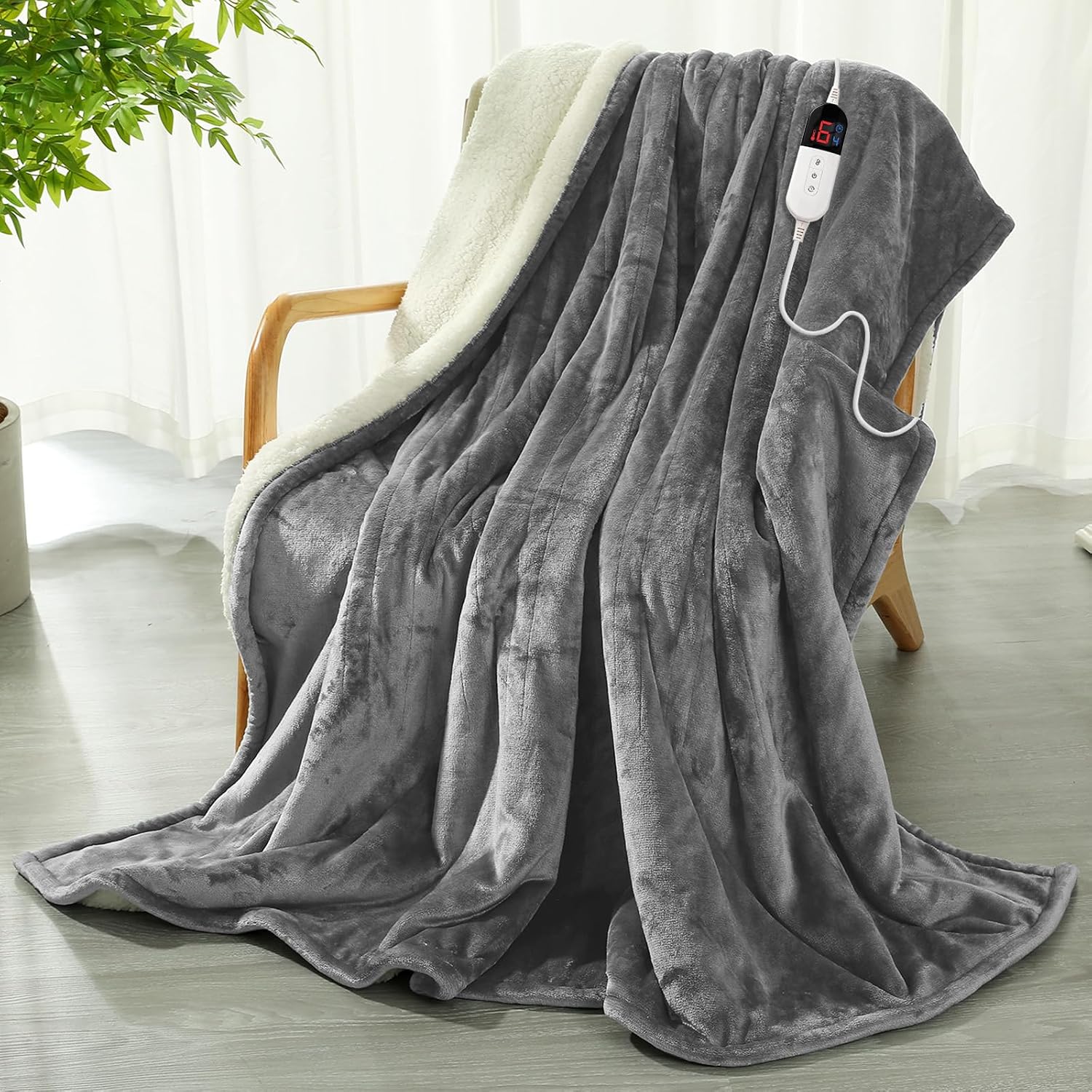 Detalle de COZYTY Couverture chauffante électrique 130×180 cm en flanelle grise (6 réglages, minuterie 10 h)