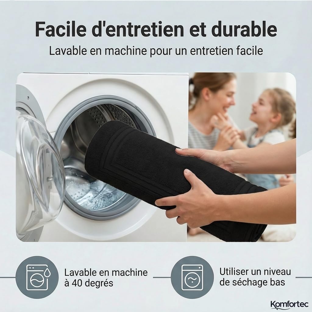 Thumbnail 3 de Komfortec Lot de 2 Tapis de Bain en coton absorbant 600 g/m², Noir 50 x 70 cm