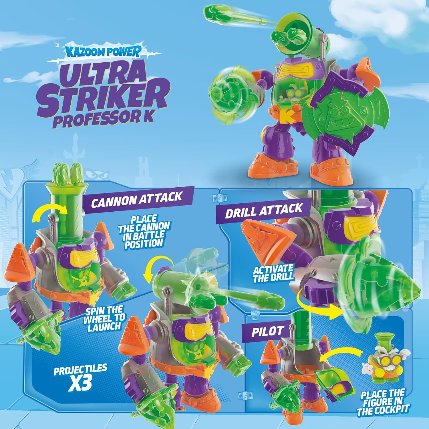 Detalle de SUPERTHINGS Ultra Striker Professor K (Kazoom Power) con robot, Professor K esclusivo e 3 proiettili
