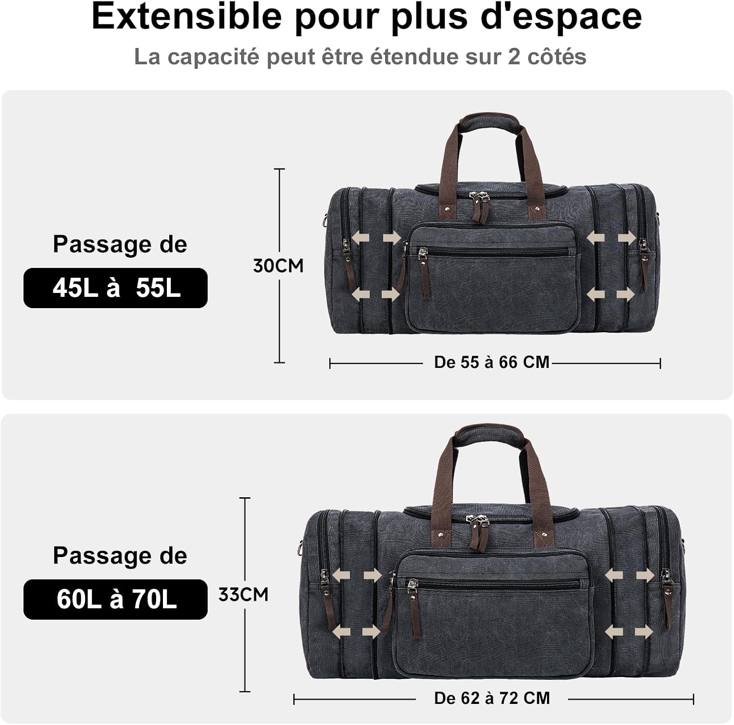 Detalle de EKOROMIER Grand sac de voyage en toile extensible 70L pour homme – weekend bagage grande capacité