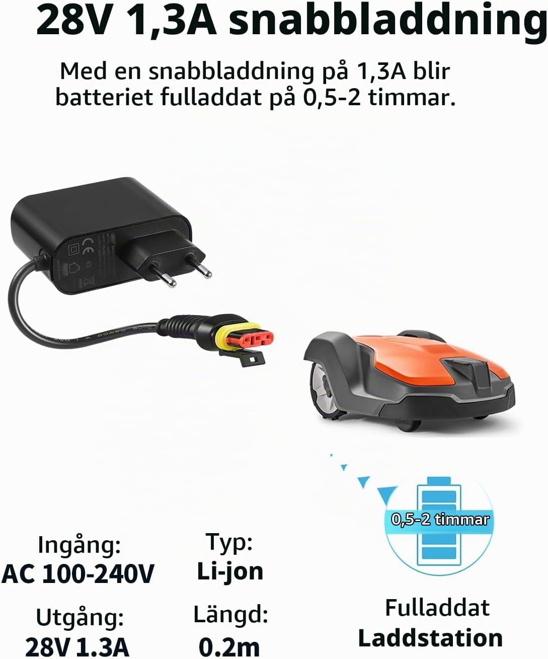 Detalle de TONTON strömadapter för robotgräsklippare, 28 V och 1,3 A, 20 cm