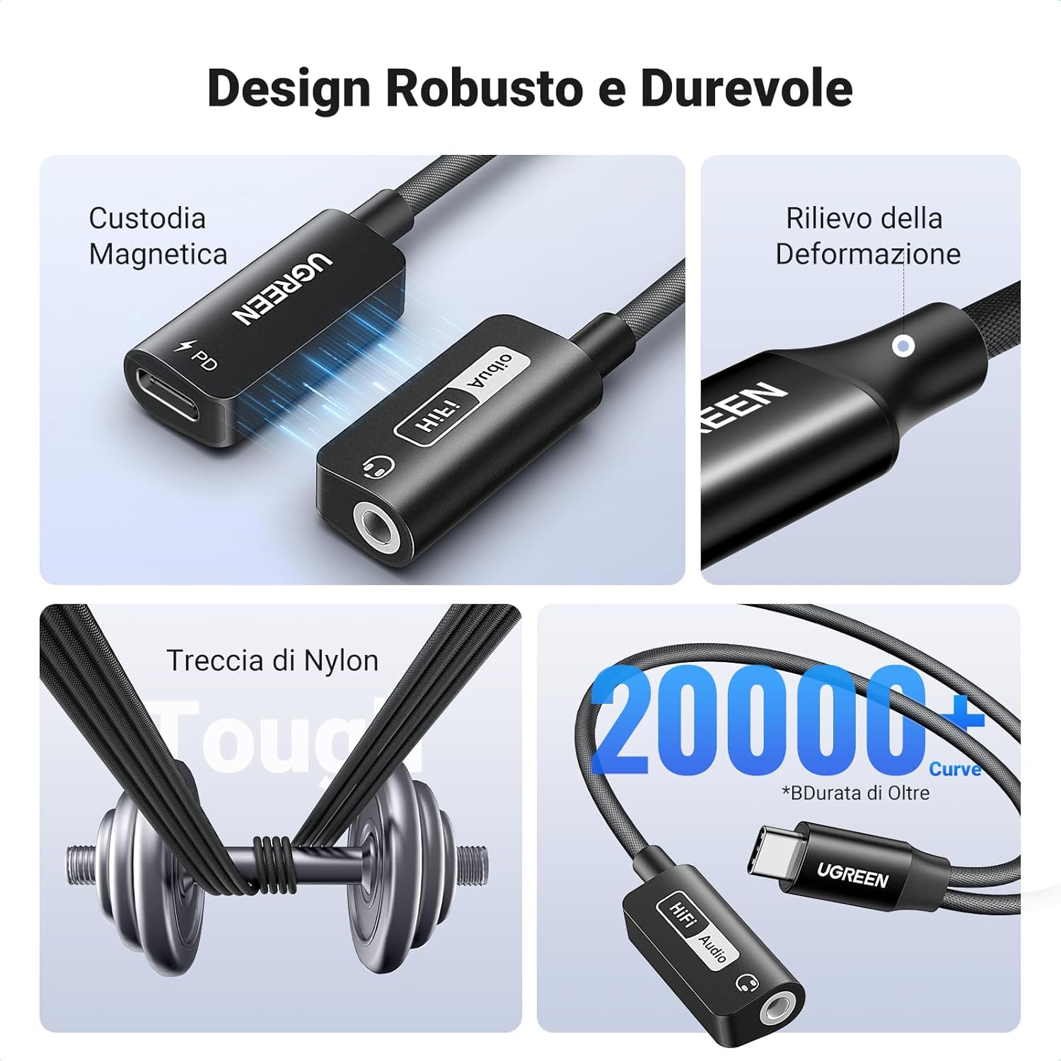 Detalle 2 de UGREEN Adattatore cuffie USB-C a Jack 3,5 mm con DAC Hi-Res 32 Bit/384 kHz, ricarica PD 60W magnetica 2 in 1