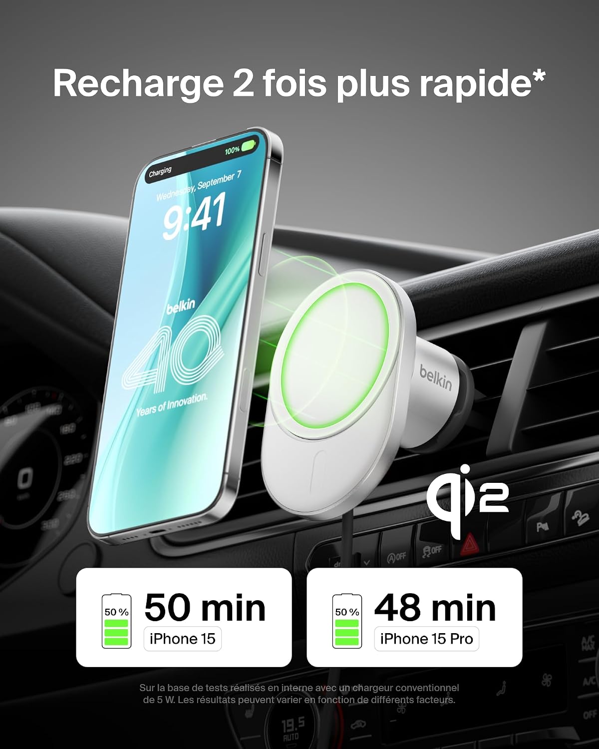 Detalle 2 de Belkin BoostCharge Pro : chargeur de voiture magnétique sans fil Qi2 (15 W) compatible MagSafe