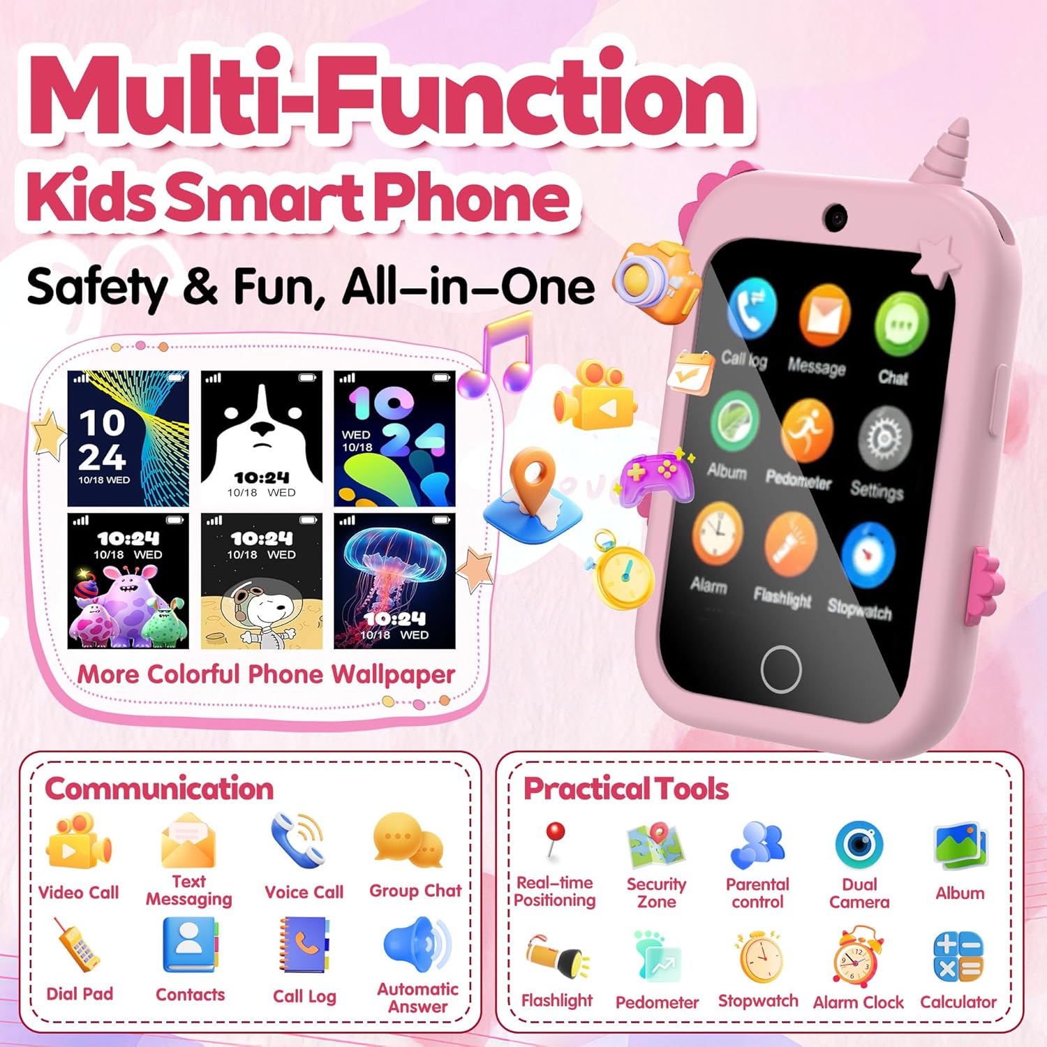 Detalle de 4G Téléphone Portable pour Enfants – Smartphone avec GPS, Appels/Vidéo et Double Caméra (Rose)