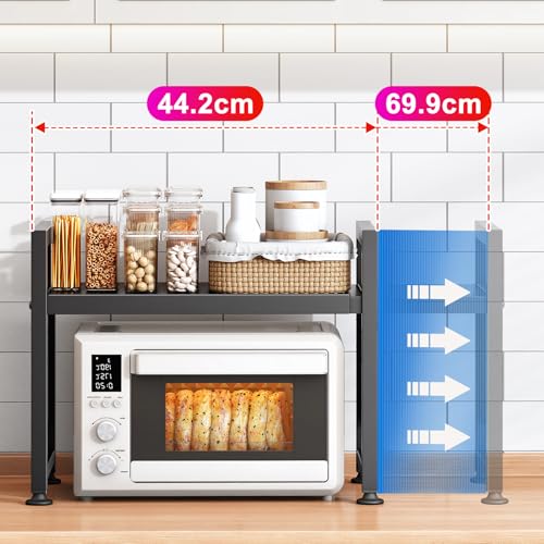 Detalle de SAYZH Soporte Extensible para Microondas de Encimera (40-70 cm) con 2 Niveles y 10 Ganchos – Negro