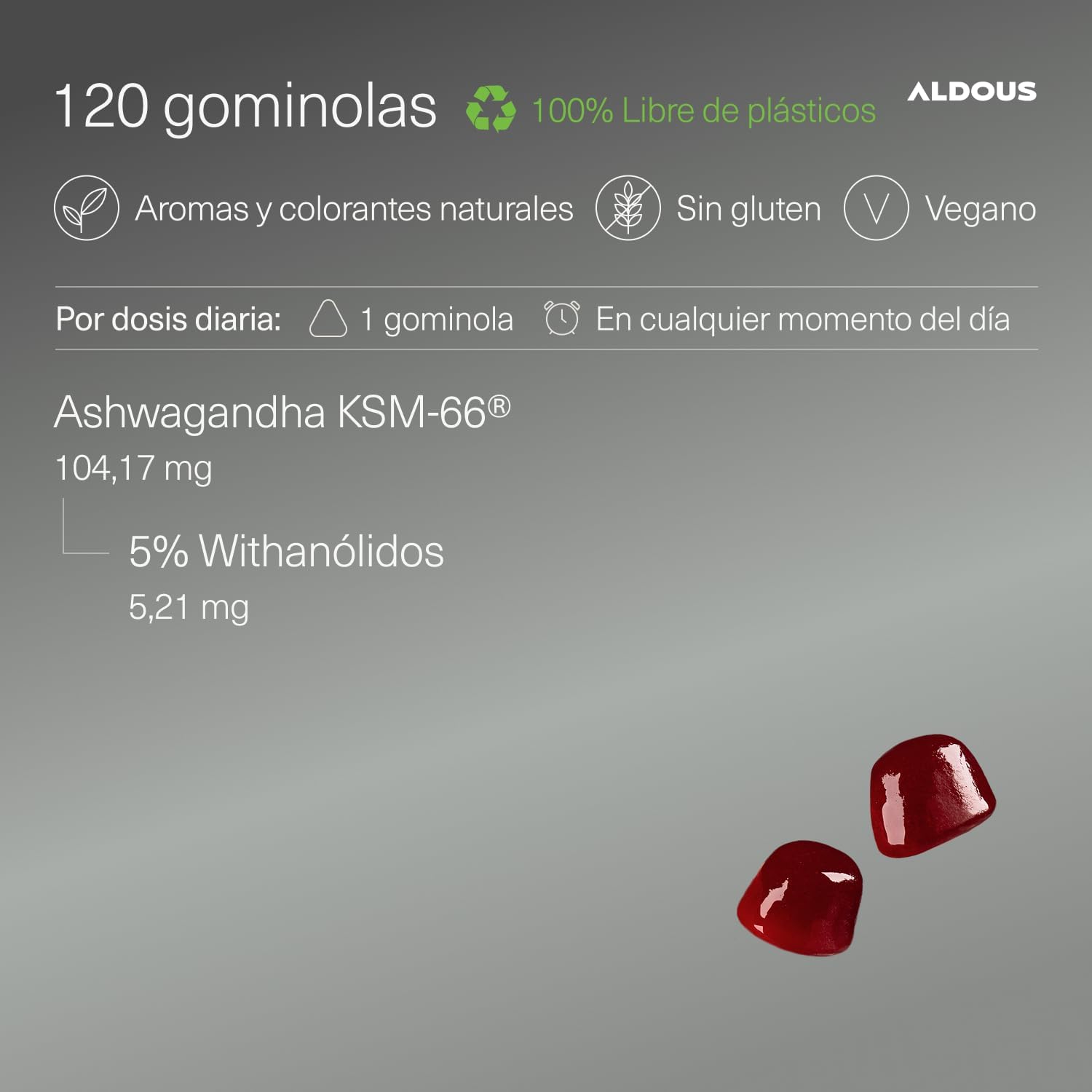 Detalle de Aldous Bio Ashwagandha Gominolas - 120 Gummies Sabor Cereza | KSM-66 y Relajación Natural
