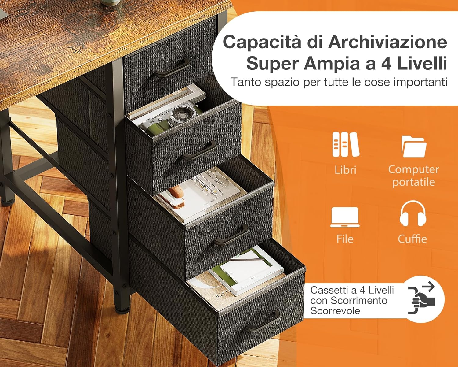 Detalle de Coleshome Piccola Scrivania con 4 cassetti in tessuto – 100x40 cm, ripiani reversibili, supporto per cuffie, marrone