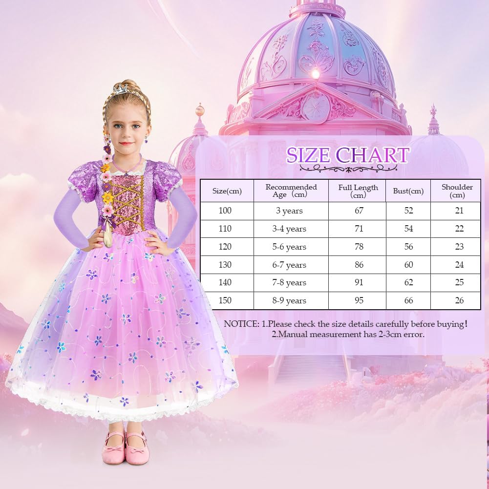 Detalle de AOOWU Prinzessin Kleid für Mädchen „Rapunzel“ (lila) inkl. Krone, Perücke & Zauberstab – Karneval, Halloween, Geburtstag