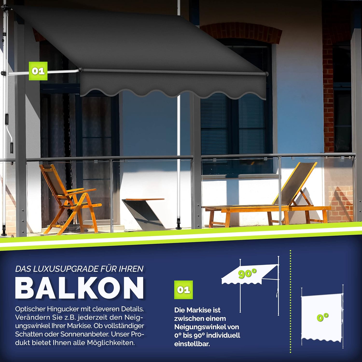 Thumbnail 2 de tillvex Klemmmarkise mit Handkurbel für Balkon, 400 cm – ohne Bohren, höhenverstellbar