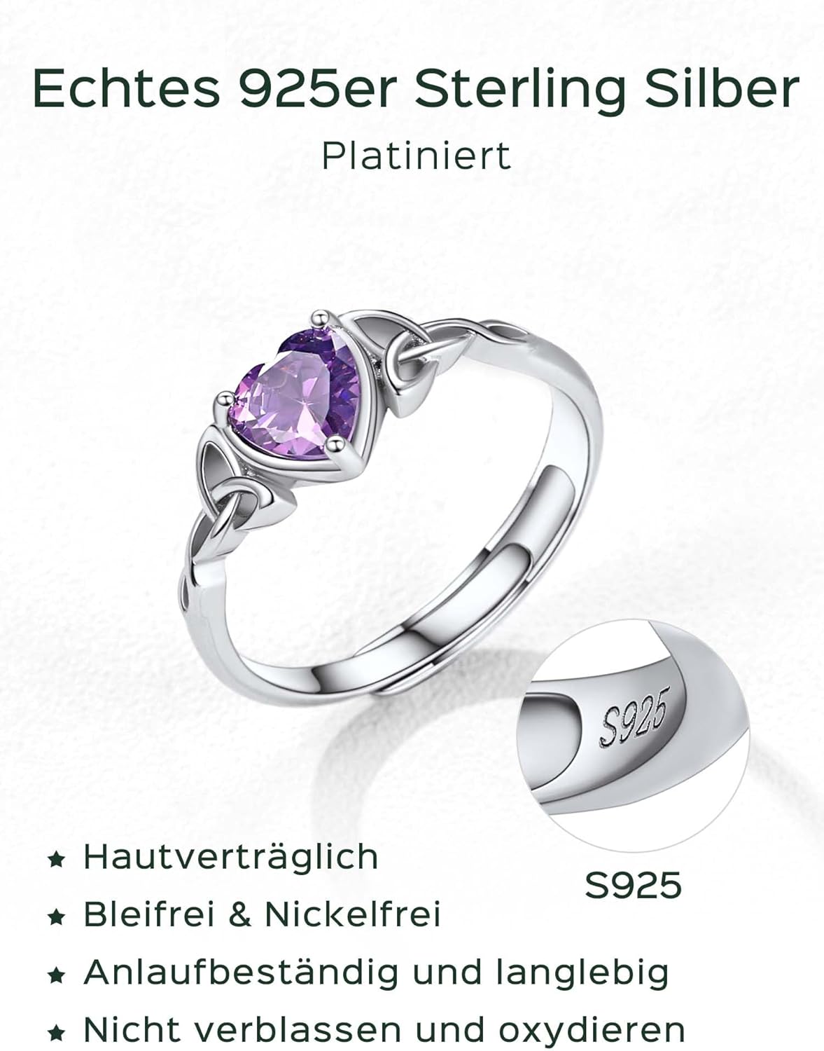 Thumbnail 3 de ChicSilver ChicSilver Ring 925 Silber Damen – verstellbarer Herz-Geburtsstein-Ring mit keltischem Knot & Zirkonia