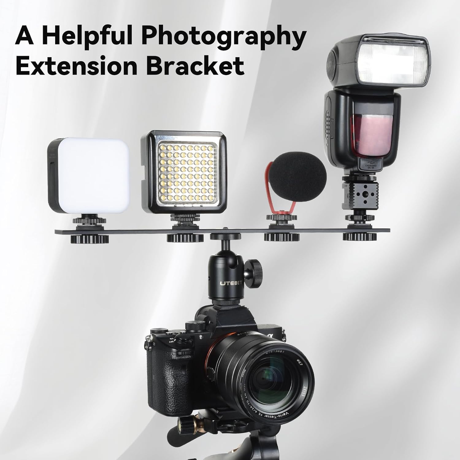 Thumbnail 5 de UTEBIT 33cm Dual Camera Mount with 13'' Flash Extension — Aluminium Bracket for GoPro, Insta360, DSLR and LED Lights