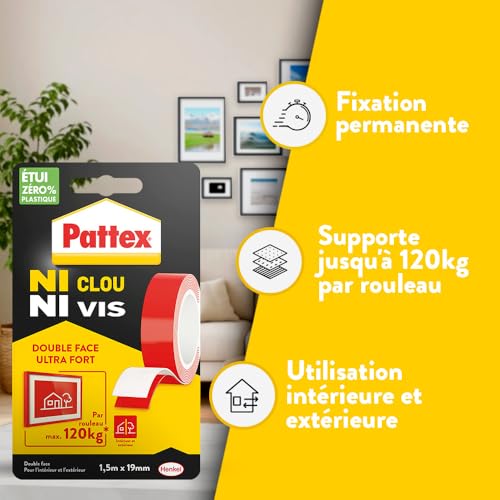 Detalle de Pattex Ni Clou Ni Vis Double Face Ultra Fort – Ruban adhésif 19 mm x 1,5 m