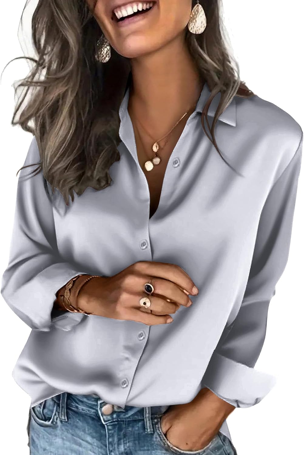 Detalle de Zeagoo Satin Blouses for Women: Silk Button-Down Long Sleeve Tops