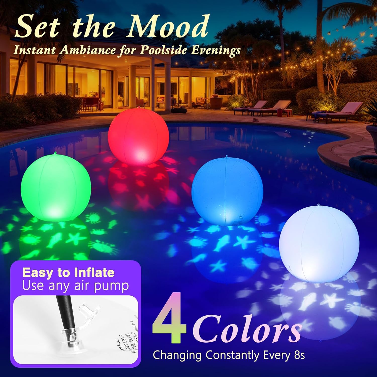 Thumbnail 4 de Luxfero Lampe Flottante Solaire LED – Balle Gonflable Piscine 35 cm (4 Pièces) avec Projection d’Animaux et Étanchéité IP68
