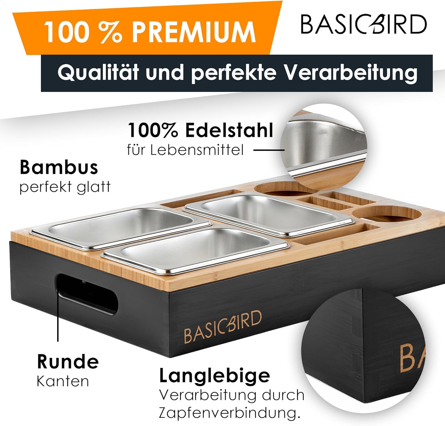 Thumbnail 3 de BASICBIRD® Couchbar Snackbox: Organizer-Tablett mit 3 Snackschalen, Getränkehalter und Fächern (Black Body)