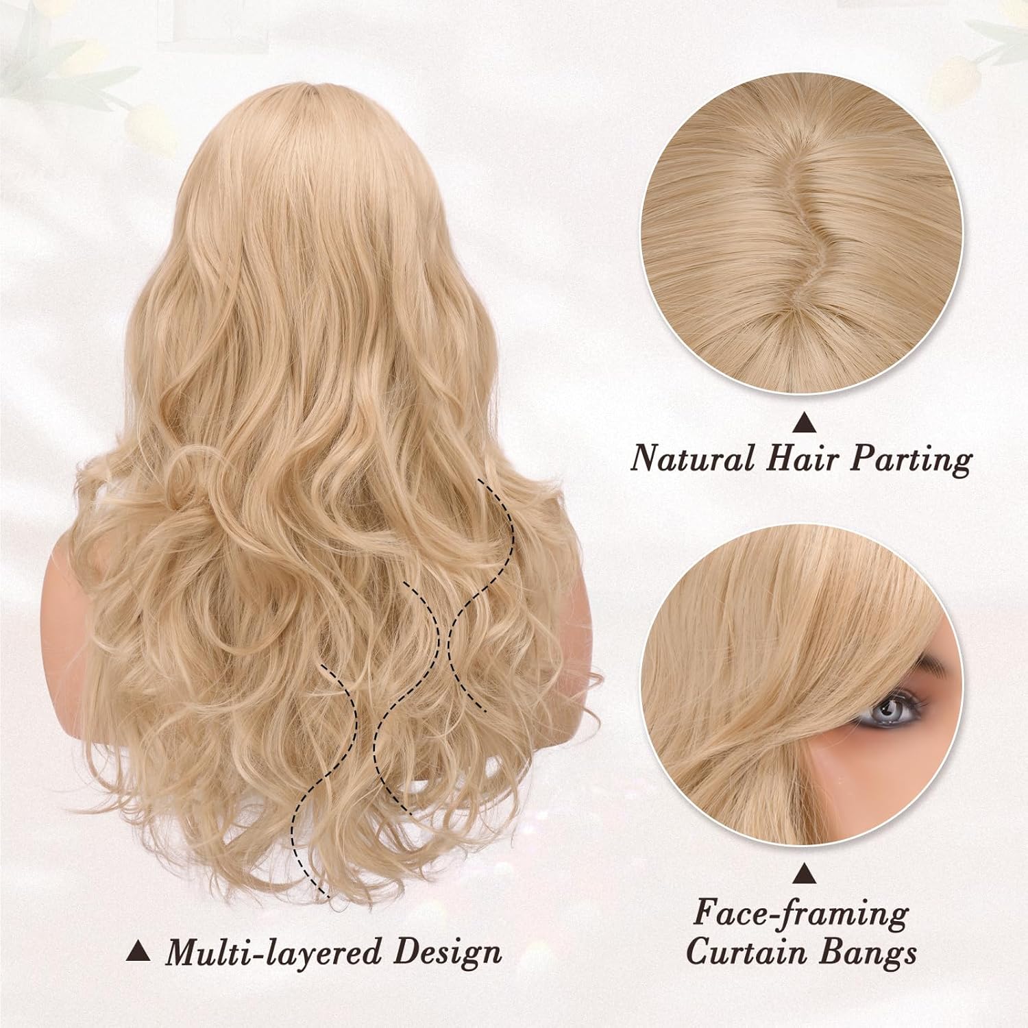 Detalle de BARSDAR Long Blonde Curtain Bangs Wig — 26-Inch Soft, Wavy, Heat-Resistant Synthetic Hair