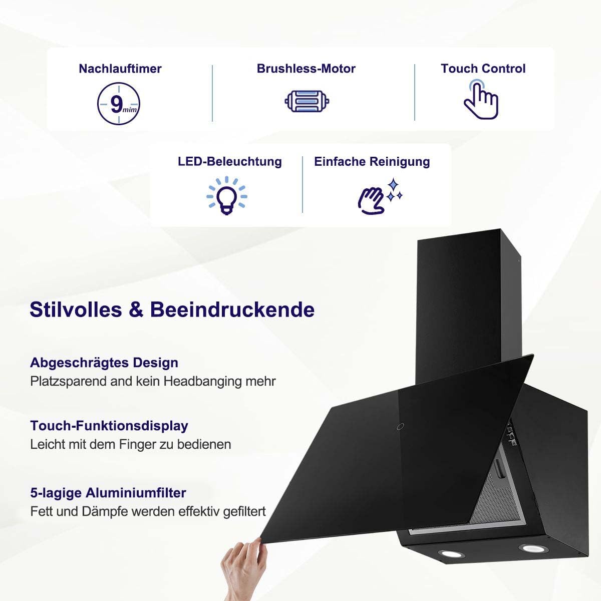 Detalle de SNDOAS Dunstabzugshaube 60 cm – 550 m³/h, Abluft/ Umluft, inkl. Aktivkohlefilter, Energieeffizienz A++, Schwarz