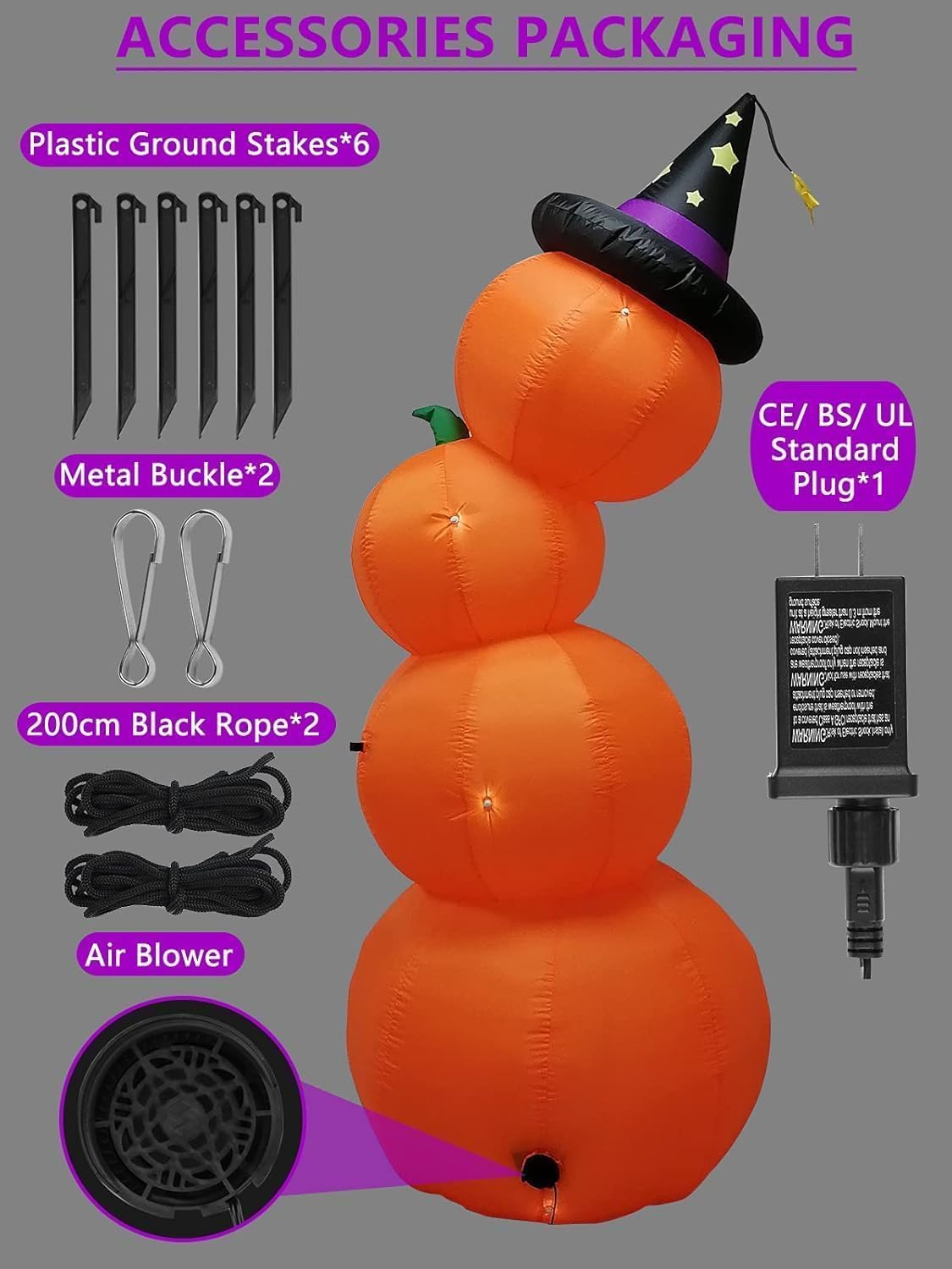 Detalle de Kalolary B09J25F4JL 8-Foot Inflatable Stacked Pumpkins with White LEDs
