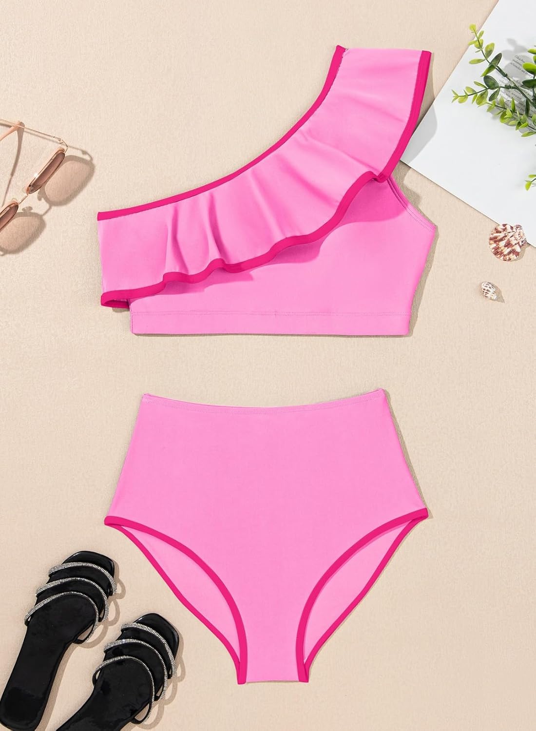 Thumbnail 4 de Herseas Women's One Shoulder Bikini Sets Color Block Trim Ruffle Hem Swimsuits