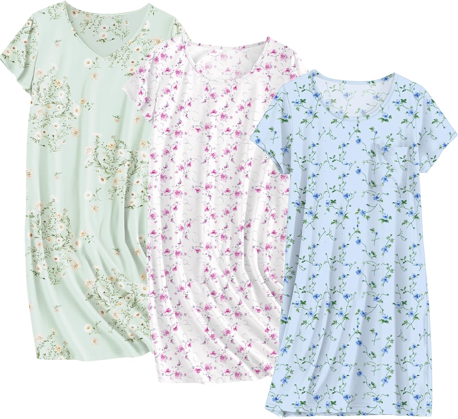 Detalle de Ekouaer Cotton Nightgowns for Women, 3-Pack Short-Sleeve Sleepshirts