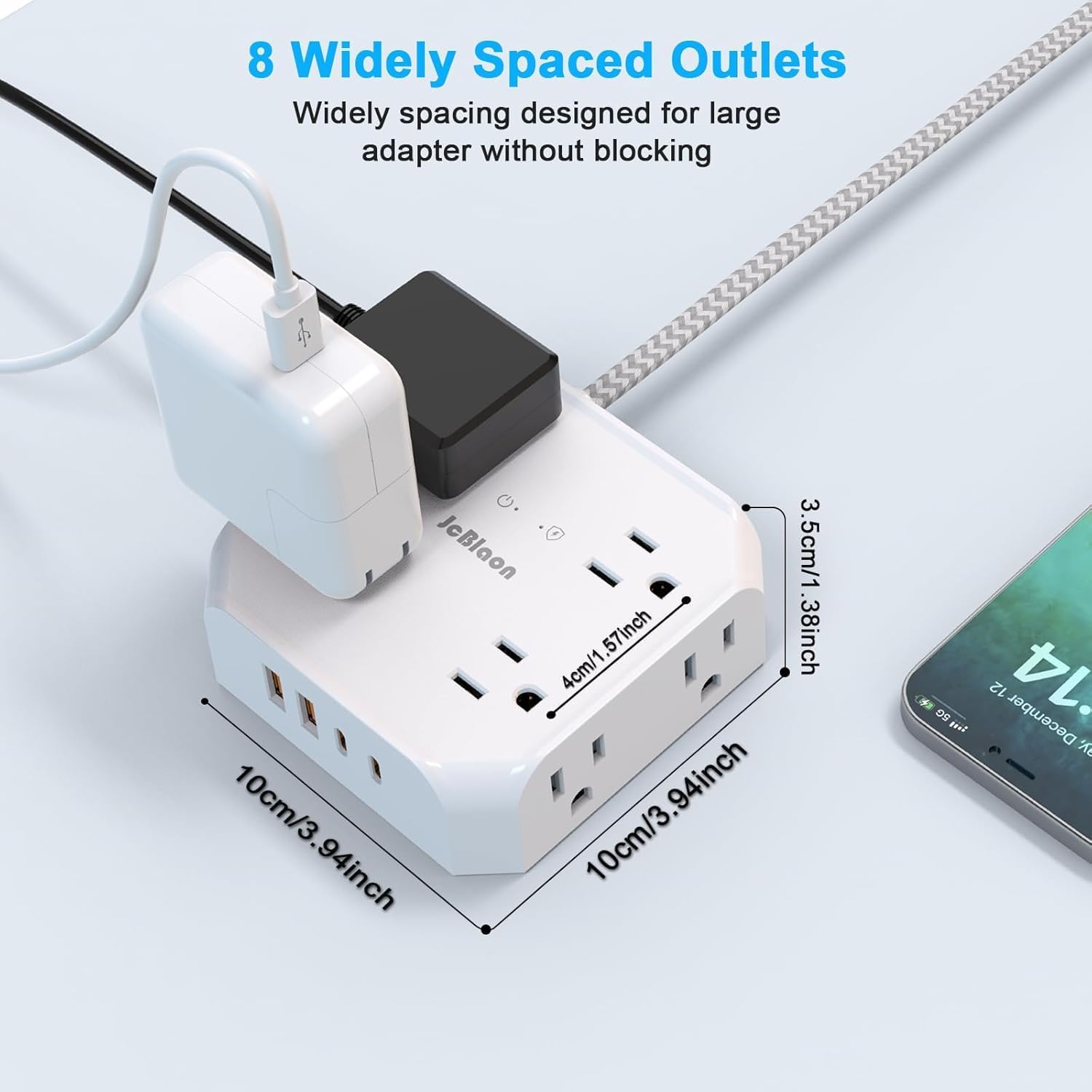 Detalle 2 de JcBlaon 10 ft Flat-Plug Power Strip, 8 Outlets, 4 USB Ports, 1,050 J Surge Protection