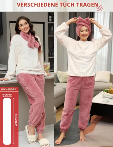 Thumbnail 2 de TOMEEK Damen Schlafanzug-Set Winter – Kuscheliger Polar-Fleece Pyjama mit Langarm-Oberteil, Hose und Schal in Orange/Rosa, XXL