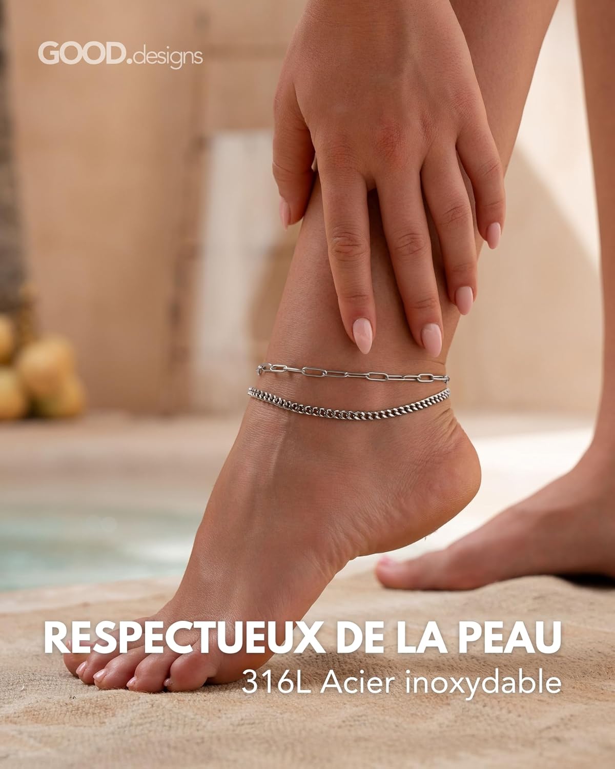 Detalle 2 de Bracelet de cheville femme multi-rangs en acier inoxydable 316L doré 18 carats, or rose ou argent