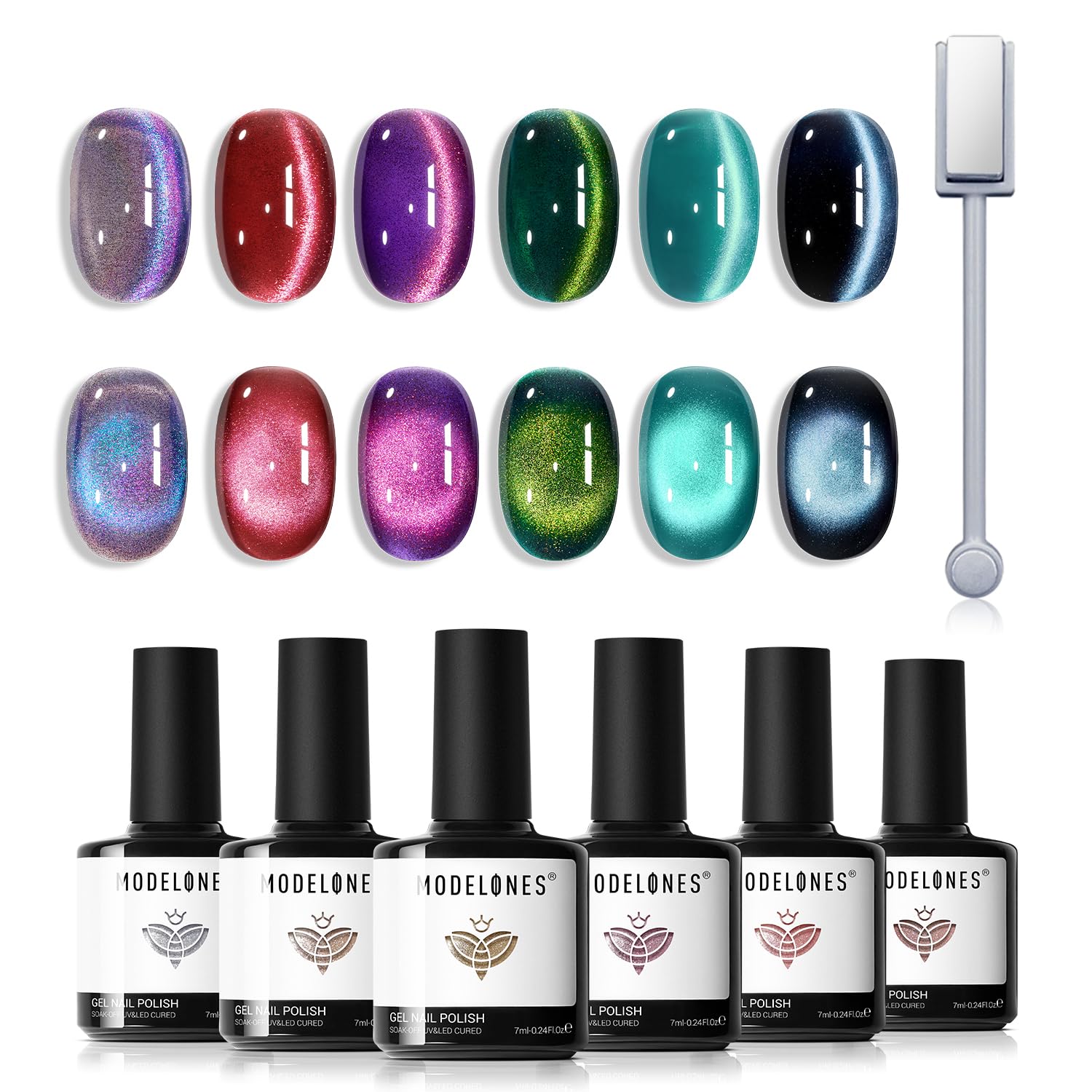 Detalle de Modelones Cat Eye Gel Nail Polish: 6-Color Glitter Set with Magnet – Galaxy Series