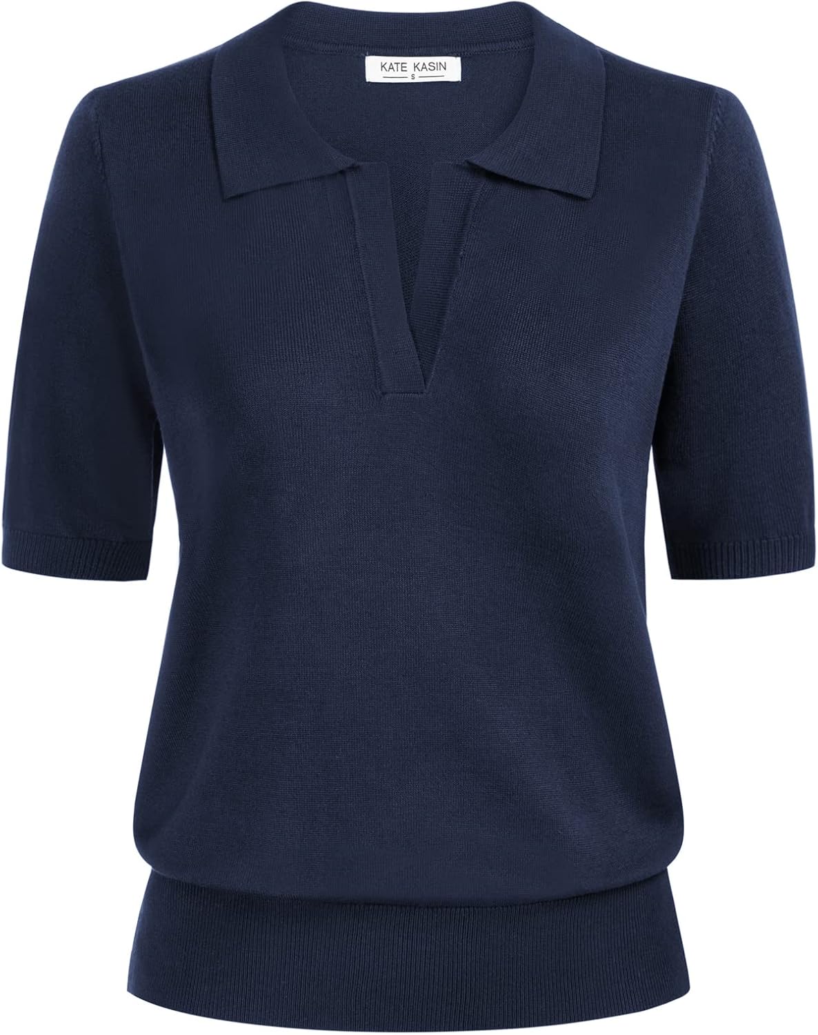 Detalle de Kate Kasin Women’s Short Sleeve Polo Sweater (V-Neck Ribbed Knit)