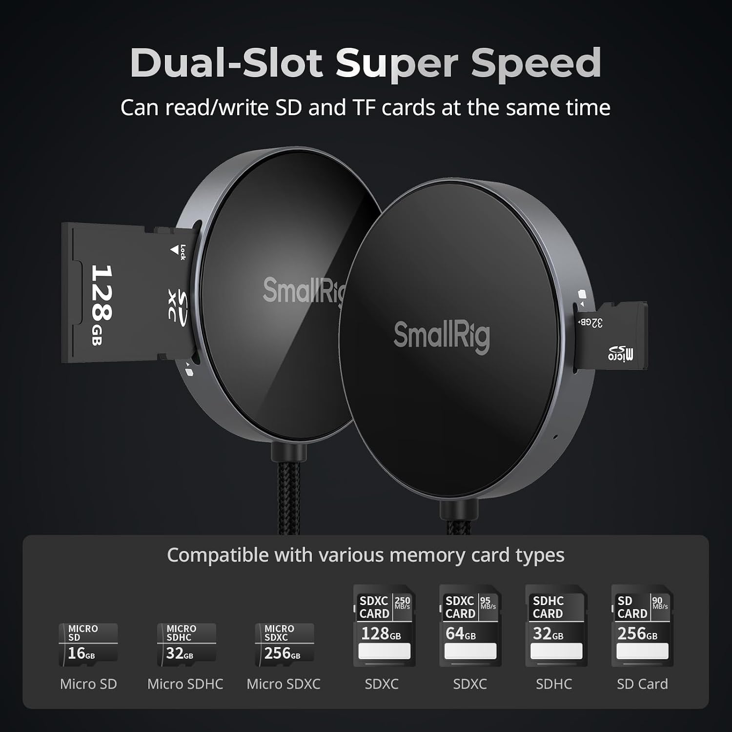 Detalle de SMALLRIG 4870 SD/TF-kortläsare med USB 4.0 och vinklad USB-C-kontakt