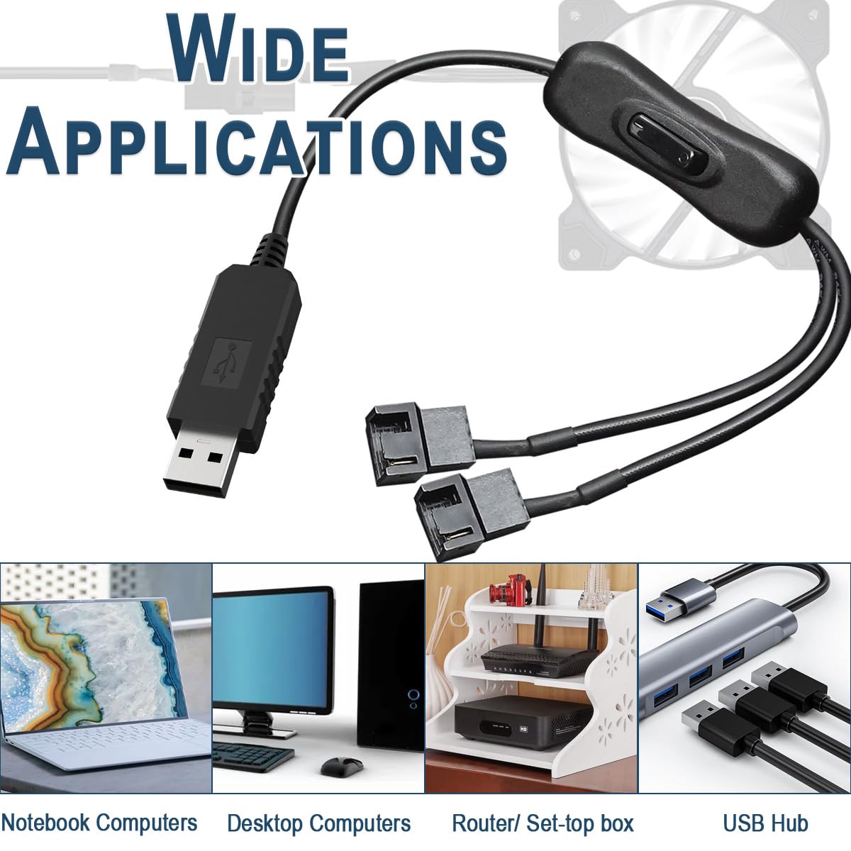 Thumbnail 6 de DAOKAI USB to 3/4 Pin PWM Fan Power Cable (Boost DC5V to DC12V) with Switch — Plug and Play