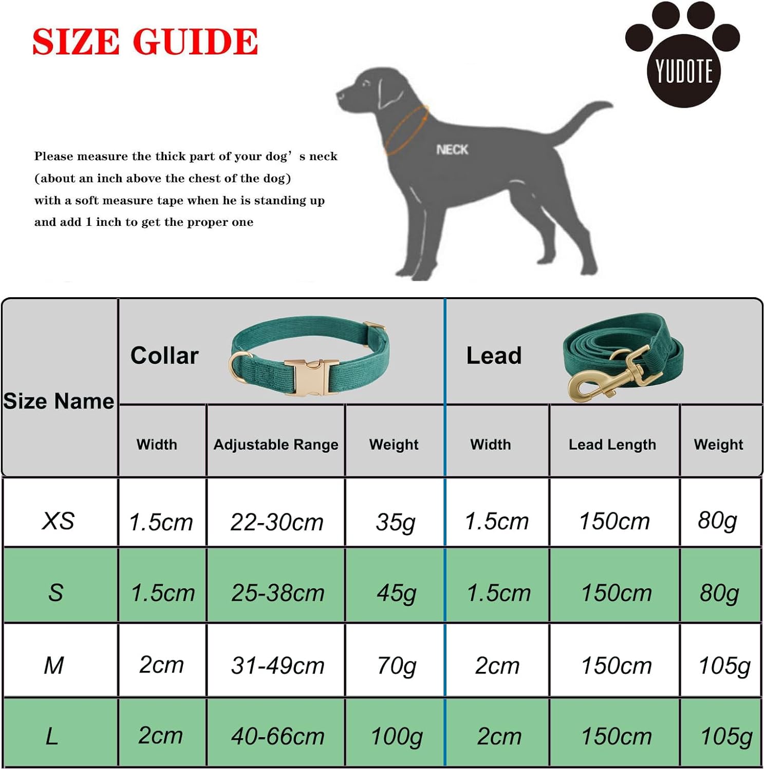 Thumbnail 2 de YUDOTE Dog Collar and Lead Set (Small) in soft corduroy with matching leash, Green
