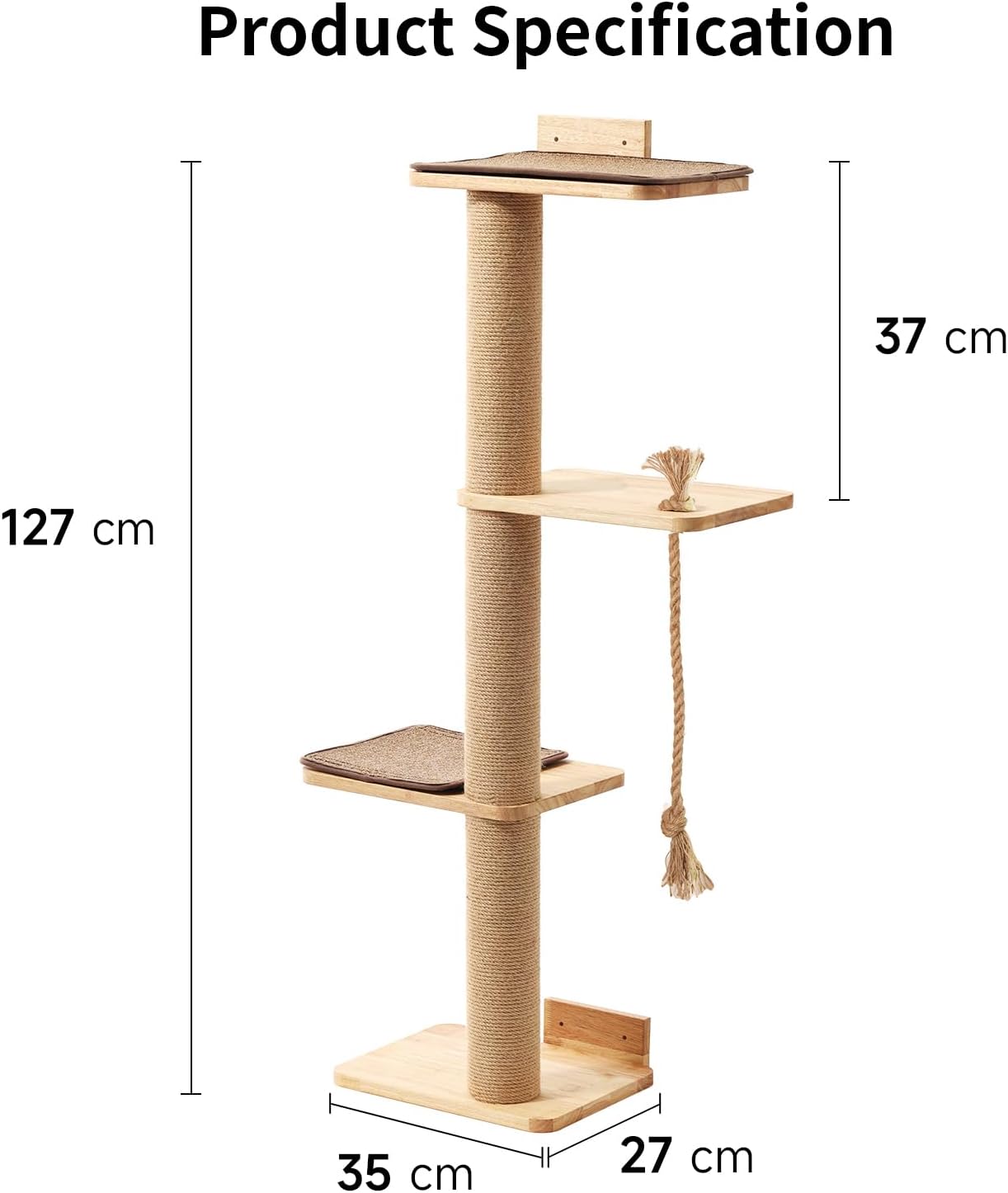 Detalle 2 de FUKUMARU Kratzbaum für Katzen, Wandmontage – 127,7 cm, inkl. Katzenbett, Kratzpfosten und Jutematte aus massivem Gummibaumholz