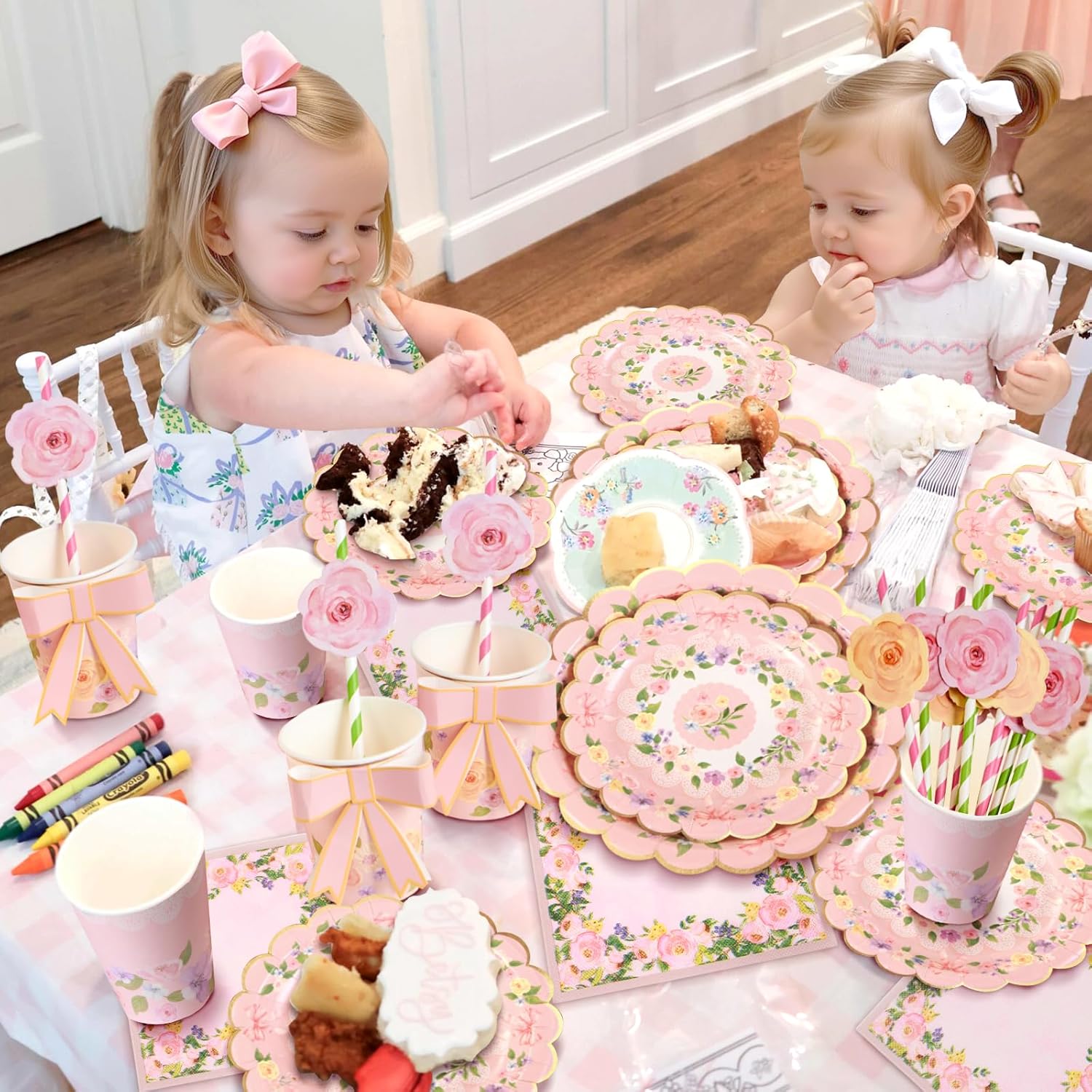 Detalle de SUNBEAUTY 80pcs Afternoon Tea Decorations – Floral Plates, Straws, Napkins & Bow Cups
