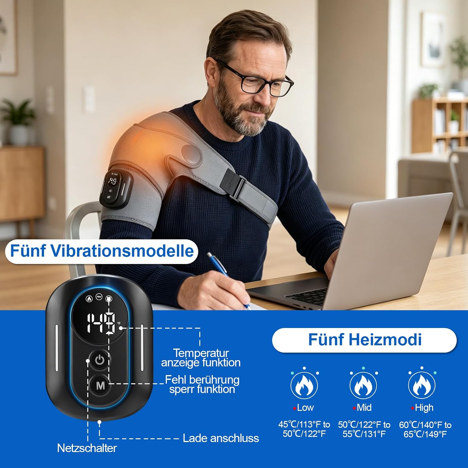 Detalle 2 de Schulter Massagegerät 3-in-1 mit magnetischer Steuerung – 5 Heizstufen, 5 Vibrationsmodi, 5000 mAh Akku