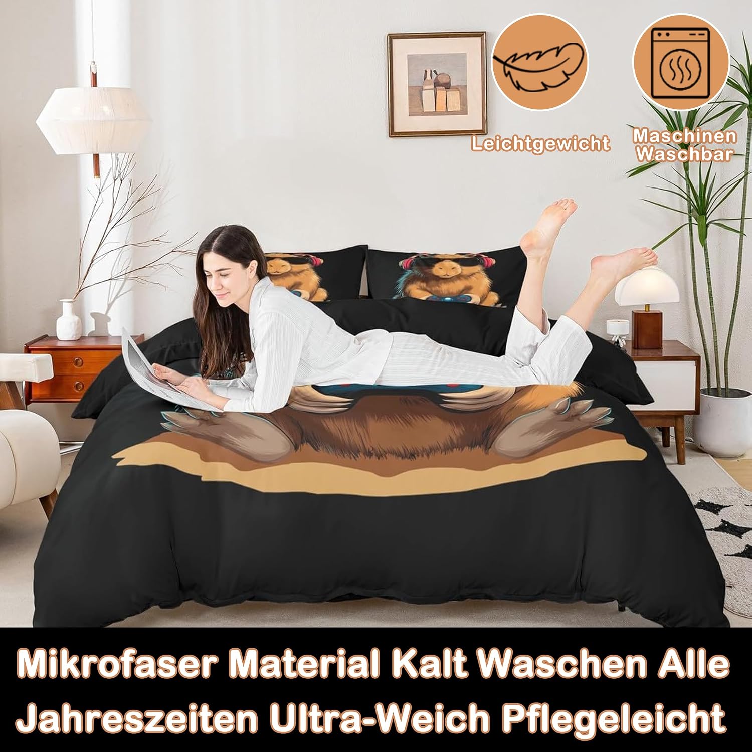 Detalle de Homewish Gaming Capybara Bettwäsche-Set 200x200 cm – Capybara & Gaming Design, 2 Kissenbezüge 80x80 cm