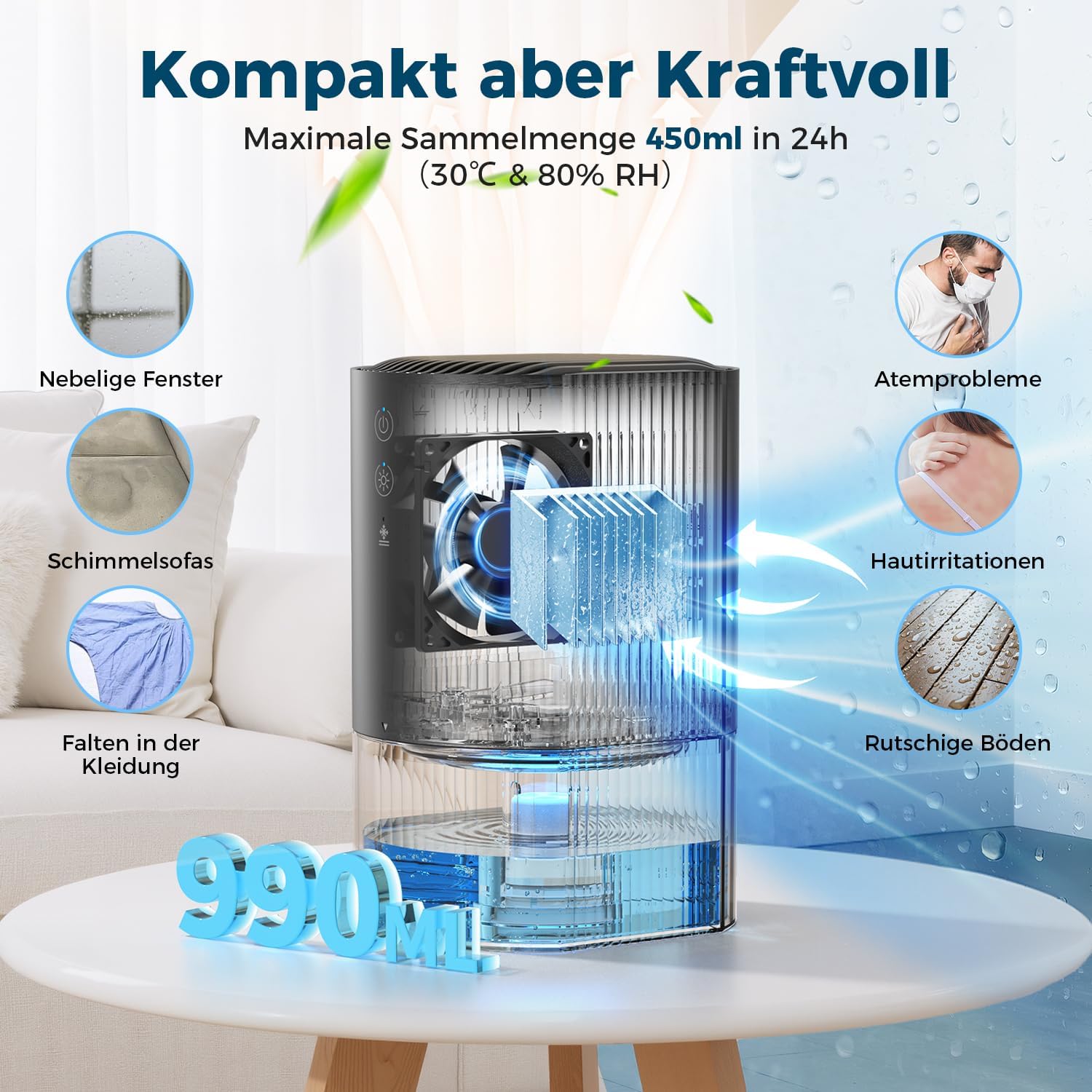 Detalle 2 de AROEVE Luftentfeuchter 990 ml kompakt 🏠