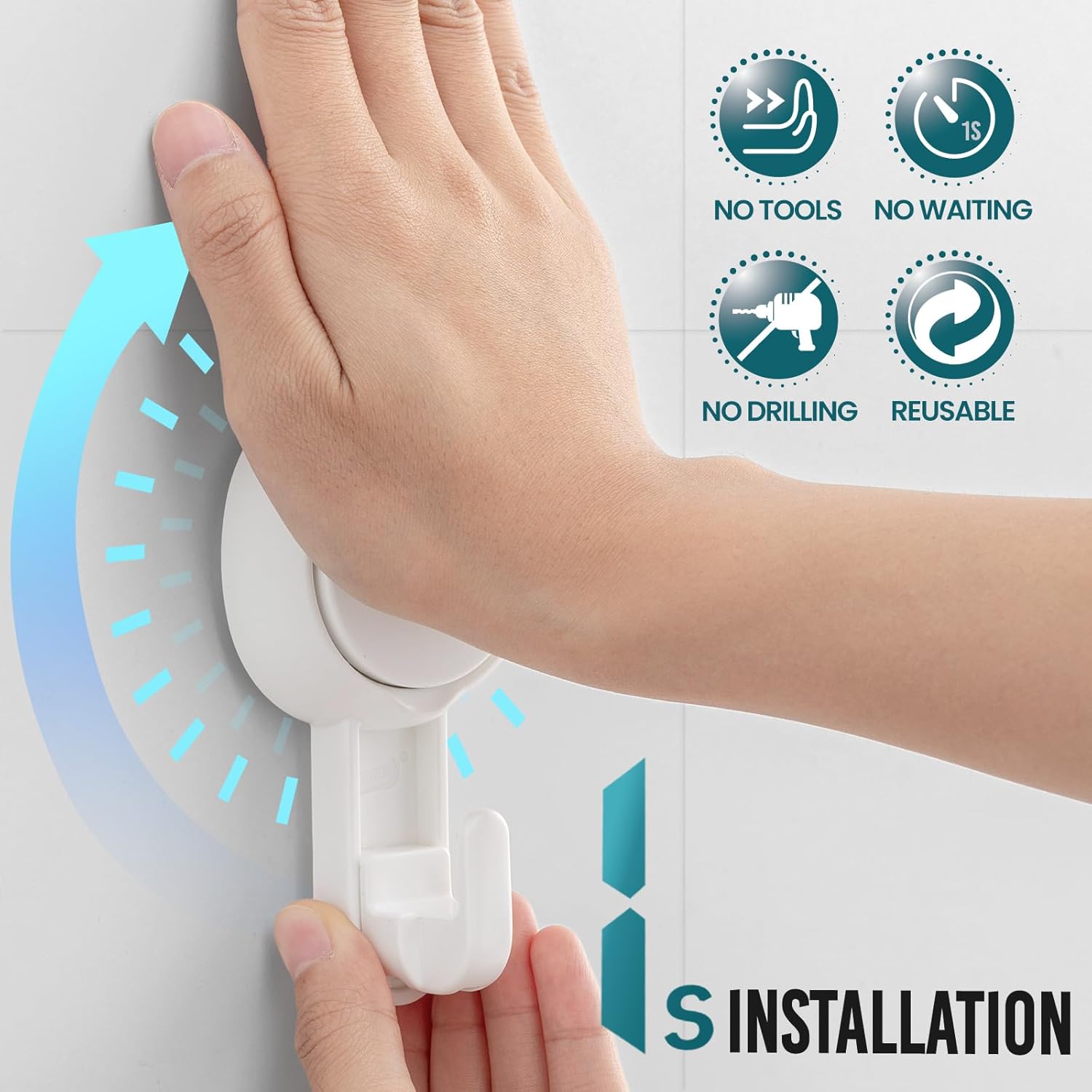 Detalle de TAILI AW567 4-Pack Suction Cup Hooks, White, 360° Rotatable