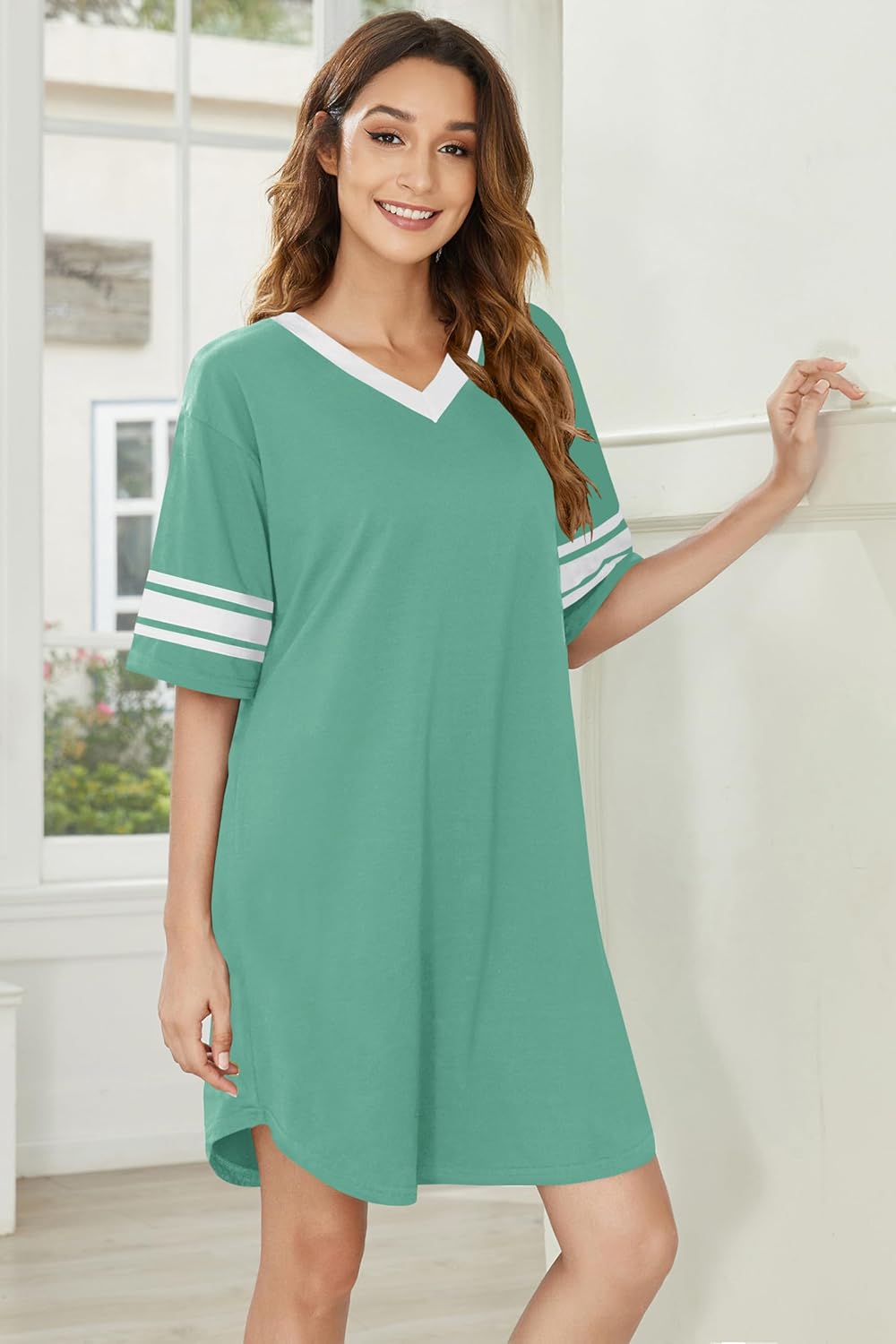 Thumbnail 1 de Ekouaer 2-Pack Women's V-Neck Nightgowns, Short-Sleeve Colour-Block Sleep Shirts