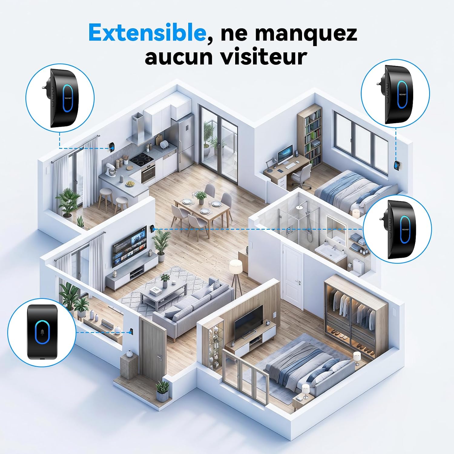 Thumbnail 6 de TECKNET Sonnette sans fil extérieure IP65 — Kit émetteur et récepteur, 400 m, 60 sonneries et 5 niveaux de volume
