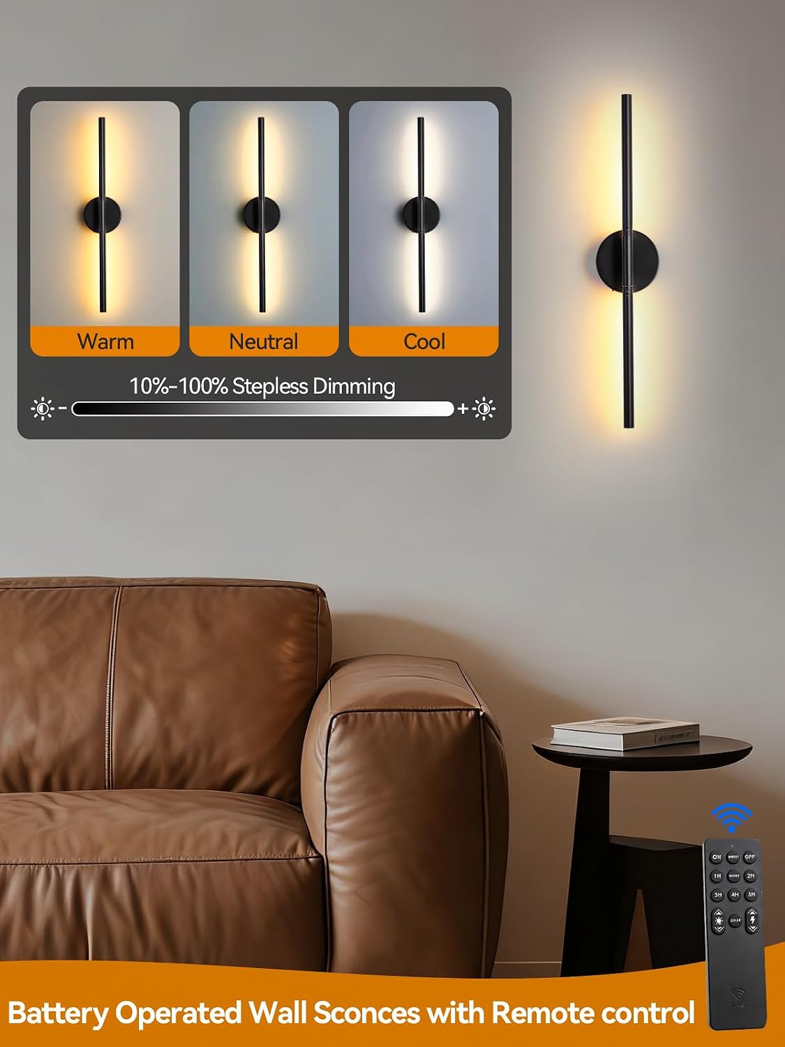 Detalle de Easesonic HYD-0501501A Rechargeable Wall Sconces, 24-Inch Black, Set of 2