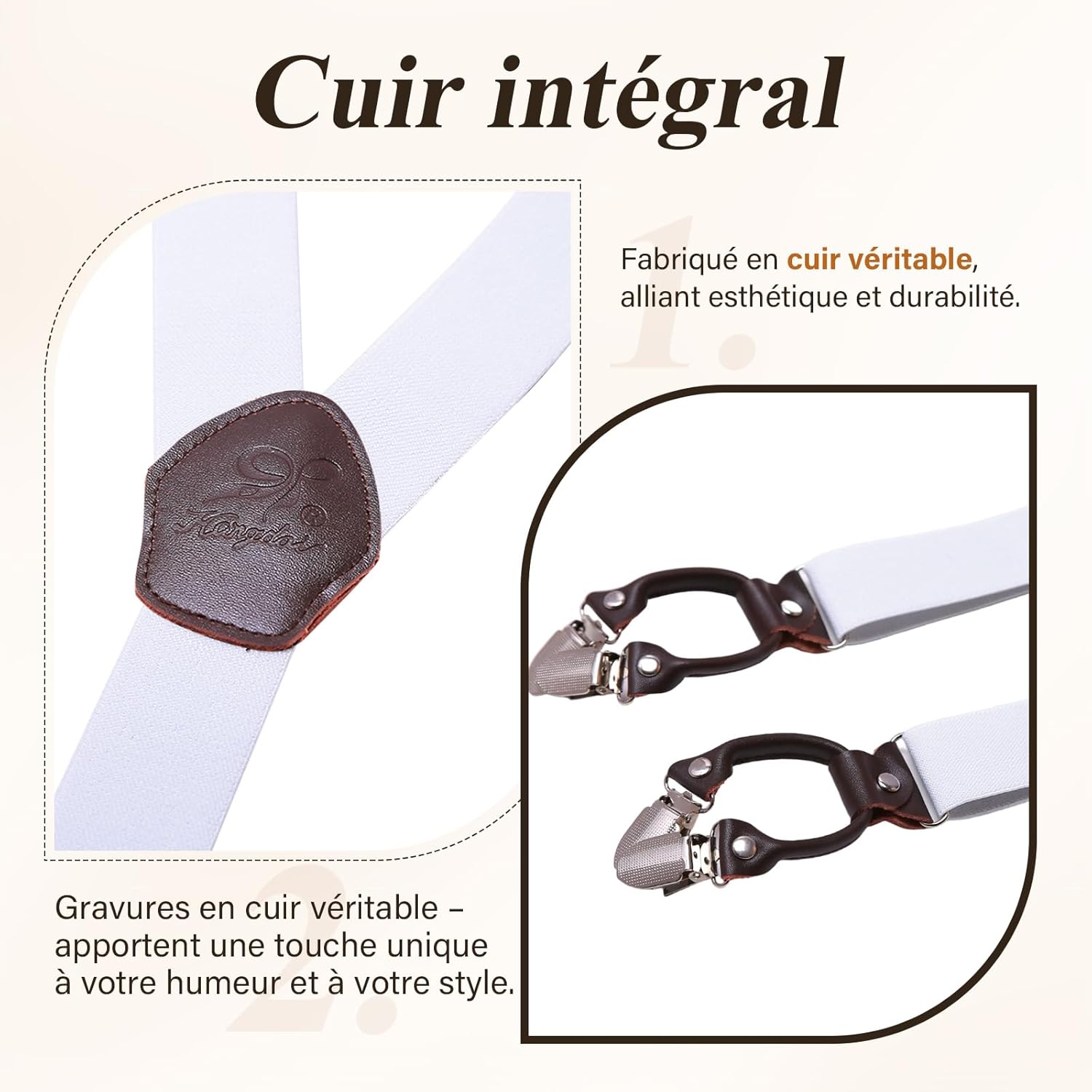 Thumbnail 1 de KANGDAI Bretelles homme larges à 6 clips métal et patch cuir, ajustables et élastiques